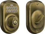 Schlage Keypad Keyless Electronic Deadbolt Plymouth Antique Brass BE365VPLY609. Fixed Price $124.99.